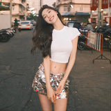 Yipinpay Champagne Sequin Mini Skirts For Women Fashion Sexy Shiny High Waist Aline Skirt Purple Glitter Evening Party Club Female