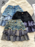 Yipinpay Fashion Sexy Mini Skirt Women Chiffon Ruffled Edge Patchwork Denim Skirts American Vintage A Line Hotsweet Skirt