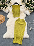 Yipinpay 2024 Retro Knitted Two Pieces Sets Sleeveless Short Top+High Waist Slim Long Skirts Female Summer Hotsweet Suits