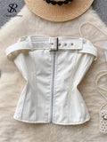 Yipinpay Strapless PU Leather Mini Tops for Women Chic Backless Tank with Zipper Belt Slim Design Club Fashion Sexy Camisole