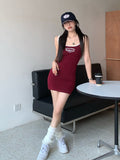 Yipinpay Red Sexy Bodycon Dress Women Korean Fashion Vintage Preppy Summer Slim Sleeveless Casual Spaghetti Strap Mini Dress