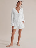 Yipinpay Solid Pocket Cotton Women 2 Piece Set V-Neck Long Sleeve Shirt And Drawstring Wide Leg Shorts White Two Peice Female