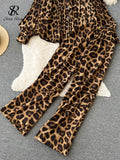 Yipinpay Leopard Vinage Casual Autumn Suits Loose Folds Lapel Blouse Tops+Wide Leg Long Pants Streetwear Women Two Pieces Suits