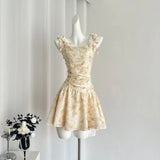 Yipinpay Romantic Yellow Flower Short Vintage Dress Summer Beach Style Sweet Sleeveless Waist Slimming A-line Slip Dress for Women