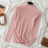 Yipinpay High Neck Knit Sweater Women's Autumn/Winter 2024 New Button Spliced Lace Fungal Edge Top Long Sleeve Slim Bottoming Shirt