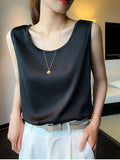 Yipinpay Summer Plus Size Women's Blouse Sleeveless Suspenders V-neck Loose Casual Fashion Vest Women Satin Silk Top Bottoming Shirt