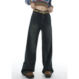 yipinpay Blue Women Jeans High Waist American Fashion Streetwear Wide Leg Jean Female Denim Trouser Straight Stripe Denim Pants
