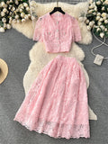Yipinpay French Hook Flower Hollow Sets Women O Neck Single Breasted Pockets Top+ Zipper Long Skirt Lace Party Two Pieces Suits