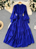 Yipinpay Autumn Retro Beach Pleated Dress Women Lantern Sleeve French Single Breasted 2024 Fashion Chiffon A Line Long Dress