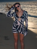 Yipinpay MO Chiffon Sheer Bandage V-Neck Longsleeve Mini Dress For Women Sexy Zebra Print Slim See Through Beach Holiday Dresses