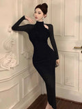 Yipinpay Women Dresses Sexy Elegant Mesh Patchwork Hollow Out Stand Collar Irregular Long Sleeve Party Dress Female Temperament