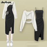 Yipinpay Women's fashion cut-out sweater+suspender Skirt two-piece set Korean Elegant New in Matching Set 2024 Spring Summer Dress Suit