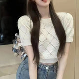 Yipinpay Argyle Knitted Korean Sweater Women 2023 Summer Short Sleeve O neck Knitwear Pullover Elegant Stylish Chic Tops Jumpers