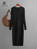 Yipinpay Autumn Skinny Knitted Dress Female O Neck Split Outerwear Fashion Korean Style Office Lady Solid Slim Sweater Dress