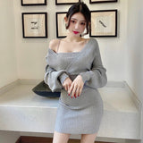 Yipinpay Sexy Wrap Hip Long Sleeve Grey Strapless Knitted Dress Mini Fake Two Pieces White Slim Wild Fashion Vestido Feminino