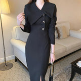 Yipinpay De Mujer Elegantes Spring Elegant Simple Lapel Neck Side Buckle Waist Wrapped Long Sleeve Chiffon Dress Women