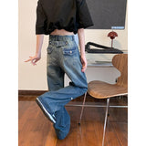 yipinpay Women's Straight Jeans High Waist American Style Streetwear Vintage Pants Chic Design Casual Ladies Denim Wide Leg Trouser