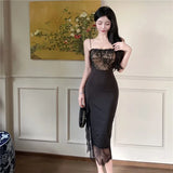 Yipinpay Sexy Dresses Women Lace Patchwork Floral Vintage Elegant Split Sleeveless Slim Black Party Dress Ladies Temperament