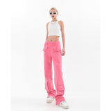 yipinpay Women's Pink Cargo Jeans Pocket Straight Vintage Streetwear High Waist Casual Fashion Baggy Wide Leg Slit Denim Trouser Ladies