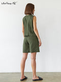 Yipinpay Street Style Green Shorts Suits Cotton Linen Two Pieces Vest Top Shorts Casual Sets 2023 Office Ladies Shorts Outfit