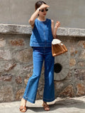 Yipinpay Hot Girl Commuting Suit Women's Summer Blue Denim Vest High Waist Wide Leg Pants Two-piece Set Fashion Female Clothes