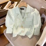 Yipinpay Crop Top Short Sleeve Blusas Mujer Puff Plaid Shirt Female Casual Suit Camisas Femme Striped Blouse Summer New Elegant