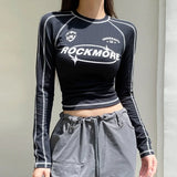 Yipinpay Streetwear Black Slim Y2k Crop Top Women Aesthetic Letter Print Round Neck Long Sleeve T-Shirts Graphic Grunge Clothes