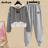 Yipinpay Women's Tracksuit 2024 Fall/Winter New Striped Embroidered Sweater + Cotton Pants Two-piece Korean Casual Hoodies Trousers Suit