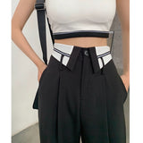 yipinpay Women's Fashion Black Self Cultivation Suit Pants High Waist Straight Mopping Pants Casual Thin Wide Leg Trouser Ladies Spring