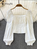 Yipinpay Puff Sleeve Square Collar Shirts Women Elegant Sexy Ruched Korean Female Blouses Streetwear Y2K Harajuku Blusas Tops