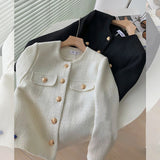 Yipinpay Women Tweed Short Jacket Spring Autumn O-Neck Long Sleeve French Elegant Single Breasted Coat 2024 New All-Match Temperament Top