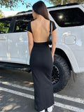 Yipinpay Backless Slin Female Dress Short Sleeve Casual Elegant Side Split Streetwear Basic Fashion Y2k Dress For Women Maxi Dress