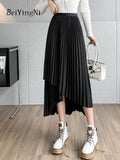 Yipinpay Women's Midi Pleated Skirt Asymmetrical Slim Elastic Waist Vintage Korean A-line Skirts 2023 Fashion Black Chic Skirt