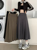 Yipinpay Korean Vintage Pleated Skirt Long Women Autumn Low Rise Preppy Style Casual A-Line Midi Skirt for Girls 90s Streetwear