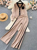 Yipinpay Fashion Knitted Women Suits Single Breasted V Neck Cardigan+Wide Legs Long Pants Autumn High Street Loose Sweater Sets