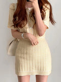Yipinpay Korean Chic Summer Women's Suit with Skirt Fashion O-Neck Knitted Short Sleeve Top Jacket High Waist Hip Skirt 2-piece Set