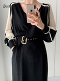 Yipinpay French Vintage Dress Women Belt Sexy Elegant Office Ladies V-neck Dresses Patchwork Casual Stylish Long Sleeve Vestido