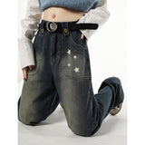 yipinpay High Waist Women Jeans Stars Printing Vintage American Fashion Streetwear Wide Leg Female Denim Trouser Straight Pants