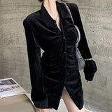 Yipinpay Mujer De Moda Sexy Vintage Black Velvet Shirt Women Pleated Slim Long Sleeve Tops 2023 Fall Camisas Single Breast Blouse
