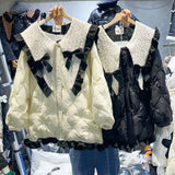 Yipinpay Bow Navy Collar Coat Chaquetas Mujer Women Black Parka Down Coats Ruffled Hem Quilted Cotton Outwear Tops Winter Jackets