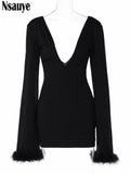 yipinpay Long Sleeve Fashion Women V Neck Feathers Mini Wrap Sexy Dress Night Club Evening Party Bodycon Winter 2023 Dress Elegant