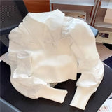 Yipinpay Turn Down Collar Blouse Women White Knitwear Tops Patchwork Blusas Mujer Wild Camisas 2023 Spring Shirt Women Chic