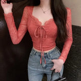 Yipinpay Sweet Girl Red Lace T-shirt for Women's Autumn and Winter Slim Fit Long-sleeved Square Collar Top Fashion Female Clothes