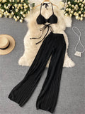 Yipinpay Women Summer Design Knitted Set Sexy Backless Halter Short Tops+Chic Hollow Knitted Wide Leg Long Pants Two Piece Suit