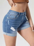 Yipinpay New Women Summer Ripped Roll Denim Shorts Fashion High Stretch Skinny Sexy Shorts Jeans Black/Blue S-2XL