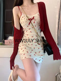 Yipinpay 2 Piece Dress Set Woman Red Long Sleeve Cardigan + Strap Floral Y2k Mini Dress Party Korean Fashion Suit 2024 Autumn Chic