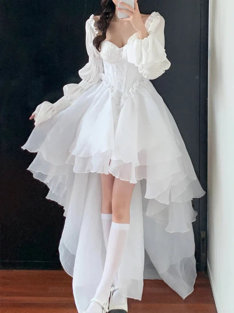 Yipinpay Color Fairy Midi Dress Women White Elegant Evening Party Dress Beach 2024 Spring Casual Long Sleeve Fashion Dress Korean