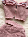 Yipinpay Denim Pink Sexy Women Sets Zipper Sashes Button Pocket Irregular Strapless Backless Top Denim Skirt Two Piece Set