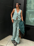 Yipinpay Stripe Print Long Pants Sets For Women 2024 Summer Chic Lace Up Vest Wide Leg Pants 2 Pieces Sets Lady Beach Street Suit