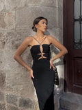 Yipinpay Backless Sexy Hollow Out Long Dress Women Black Cross Bandage Beaded Slim Spaghetti Strap Midi Dress Party Club Summer